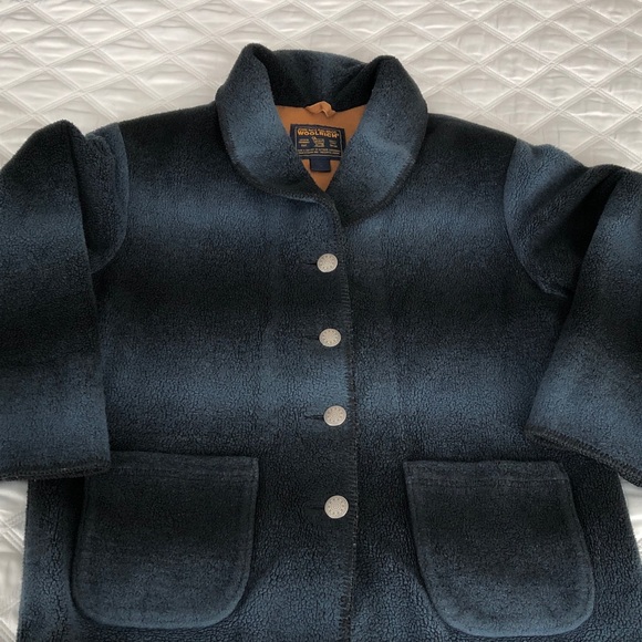 Vintage Woolrich Women Medium Blue Striped Fleece Blazer Coat Jacket - Picture 1 of 7
